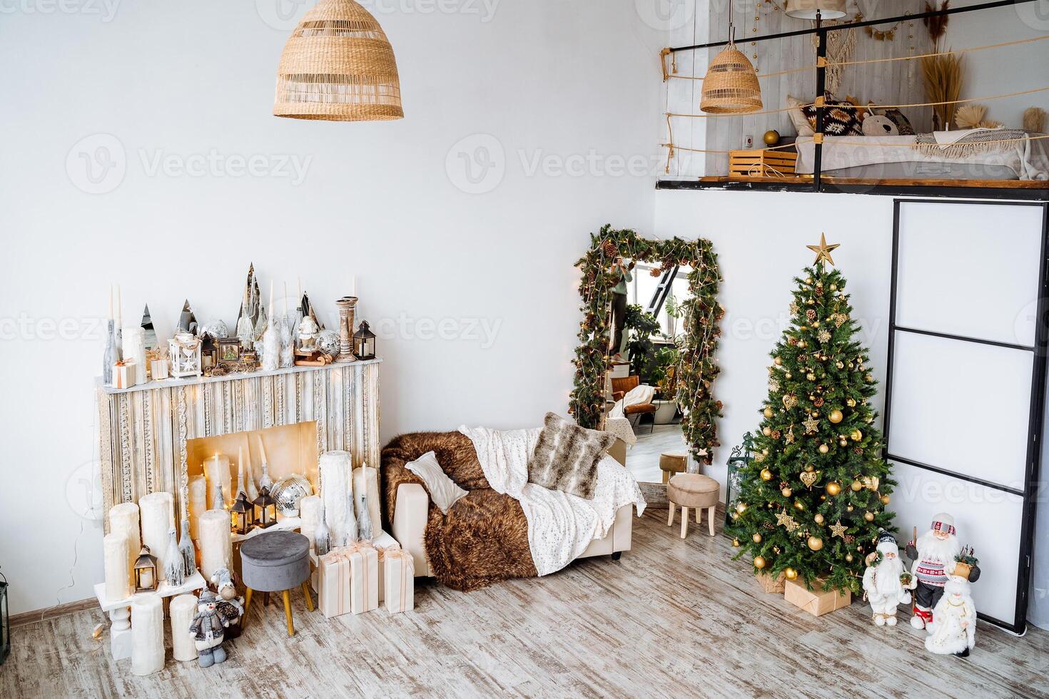 Interior shot. Fireplace, decorated Christmas tree with hidden gifts, cosy room, preparations for the new year Modern apartment. christmas and New year photo