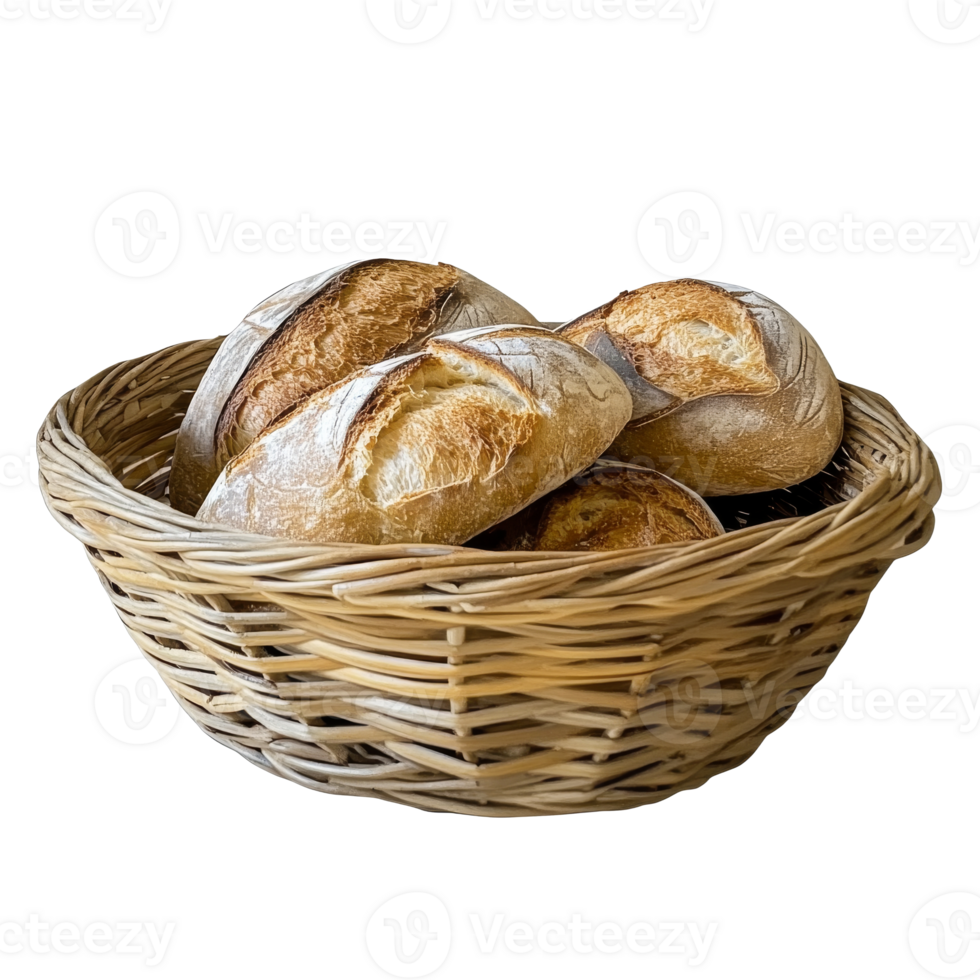 Artisan bread loaves in a woven basket display png