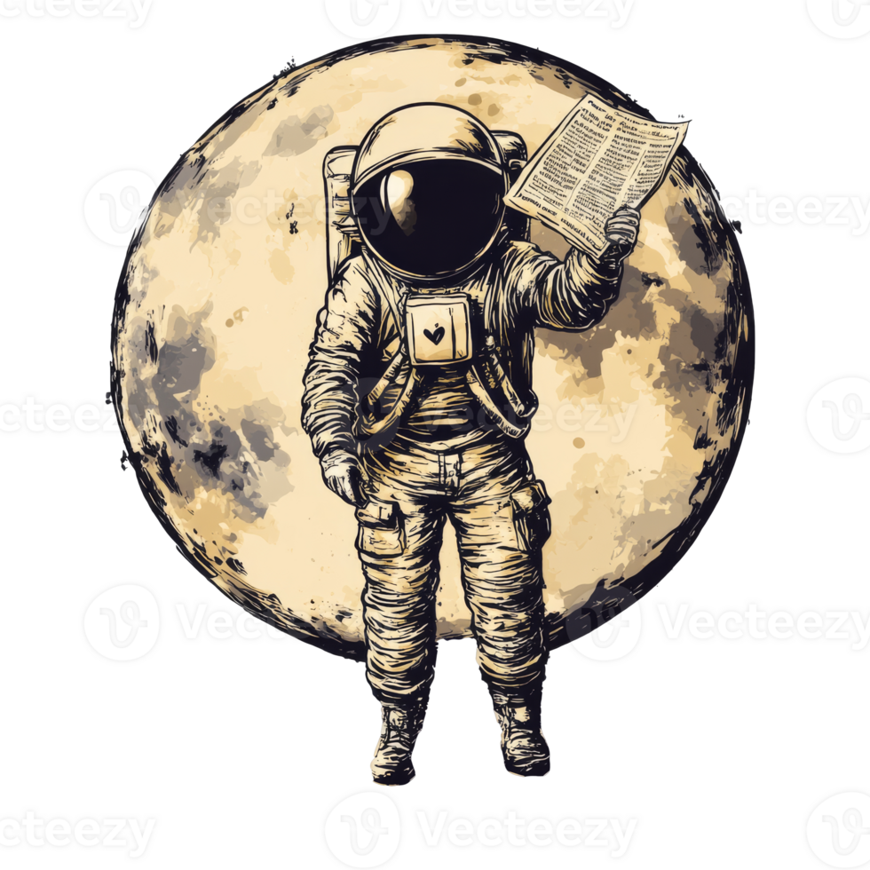 Astronaut reading a newspaper on the moon surface png