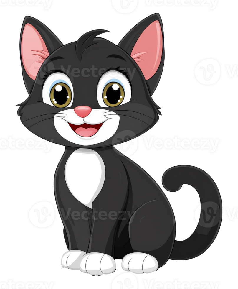 Playful black and white cartoon cat with big eyes png