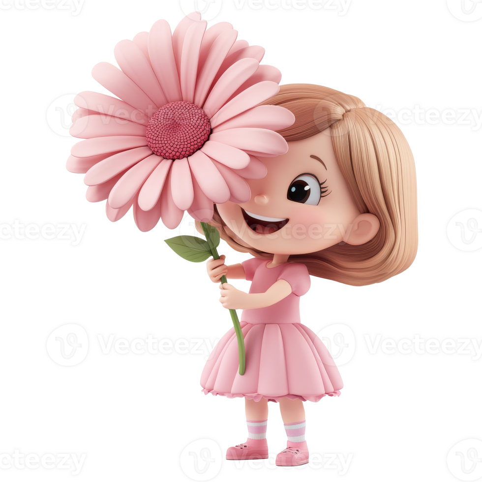 Child holding a large pink flower with joy png