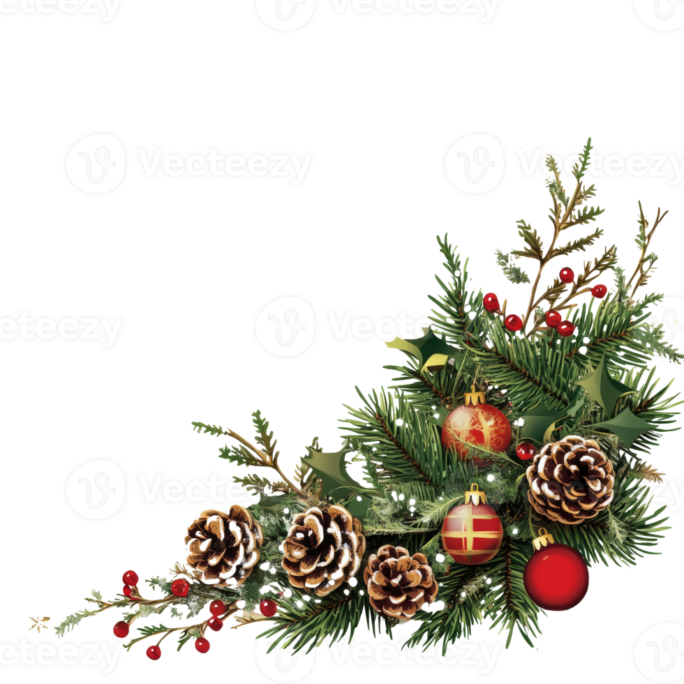 Festive pine arrangement with ornaments and cones png