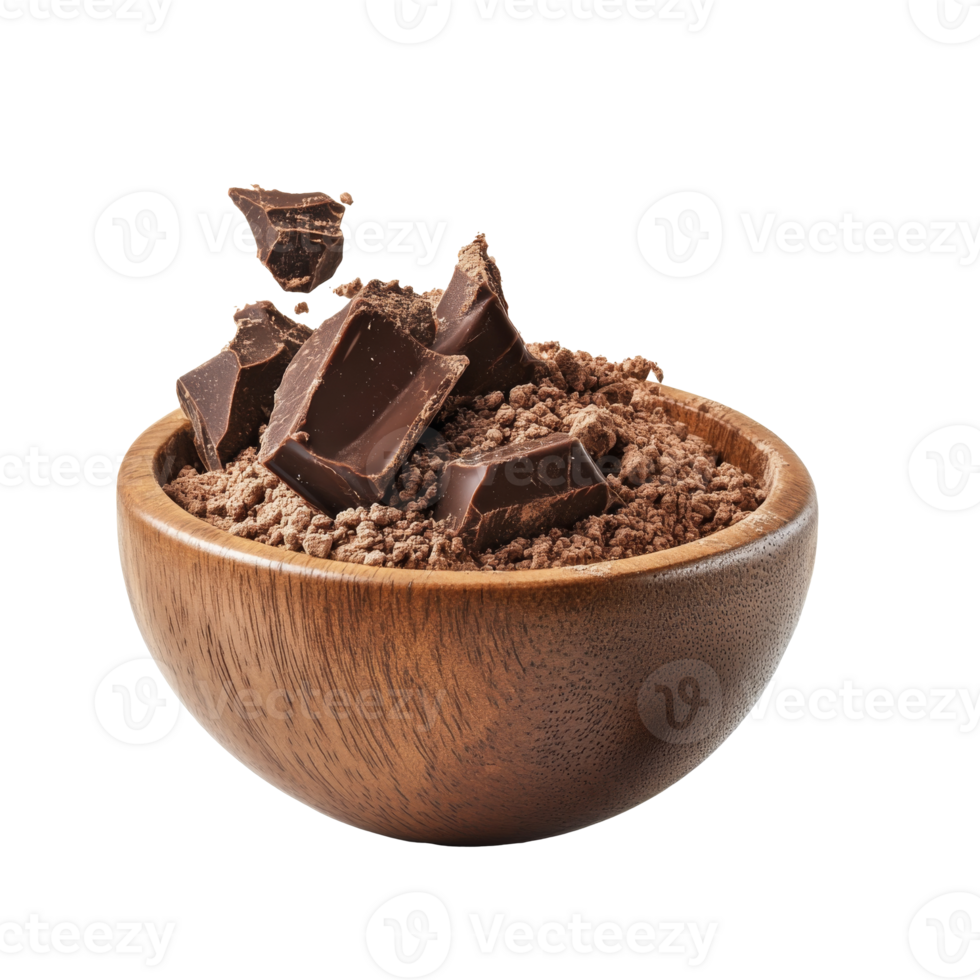 Chocolate pieces and cocoa powder in a wooden bowl png