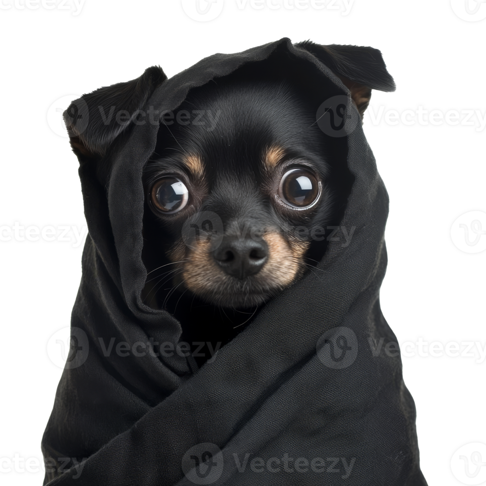 Cute dog wrapped in a black blanket for warmth png