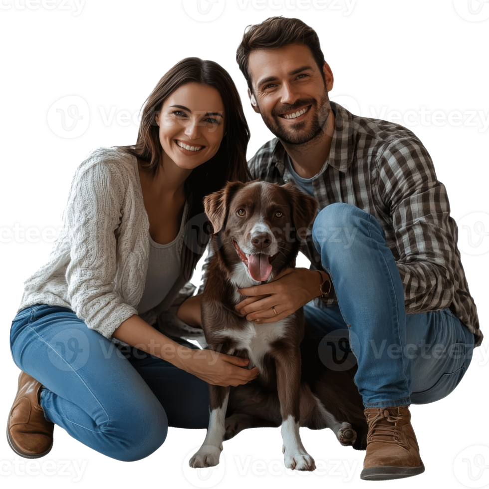 Happy couple poses with their dog at home png