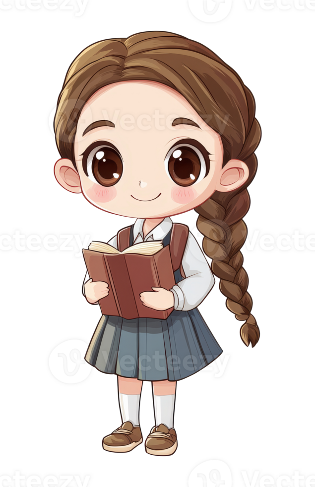 Young girl reading a book in school uniform png