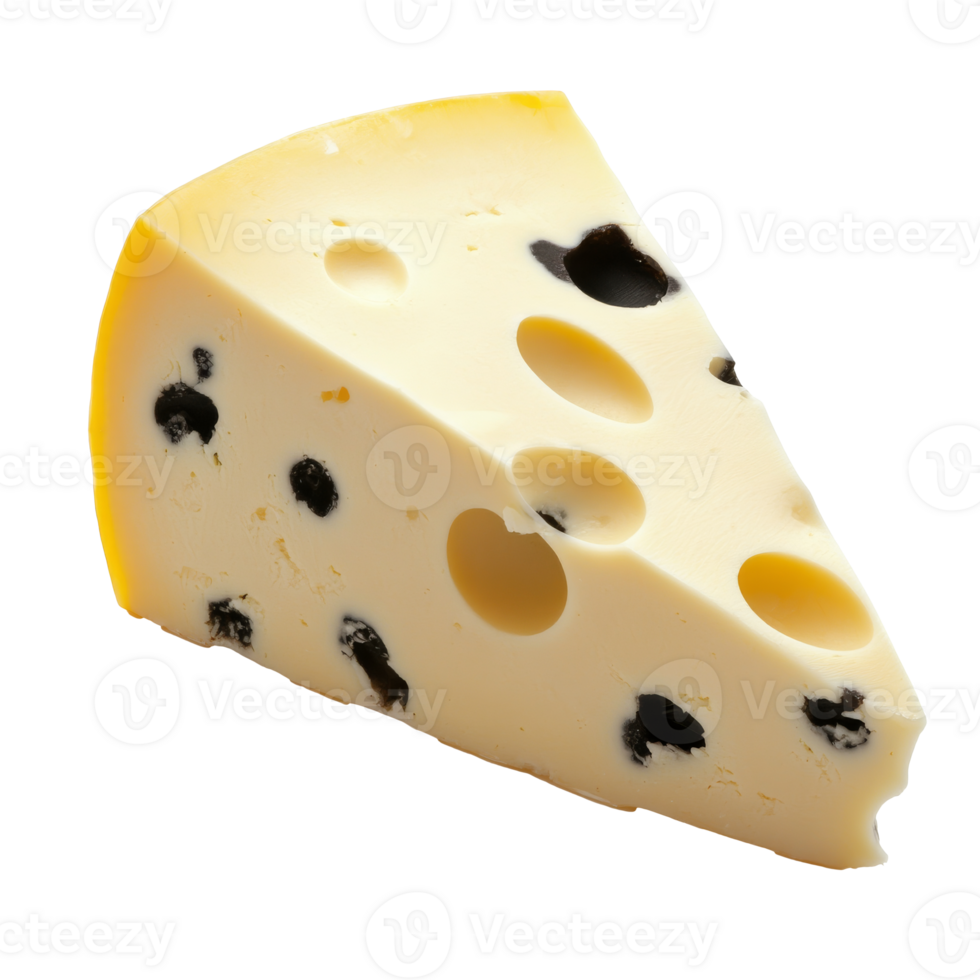 Unique cheese wedge with dark specks on surface png
