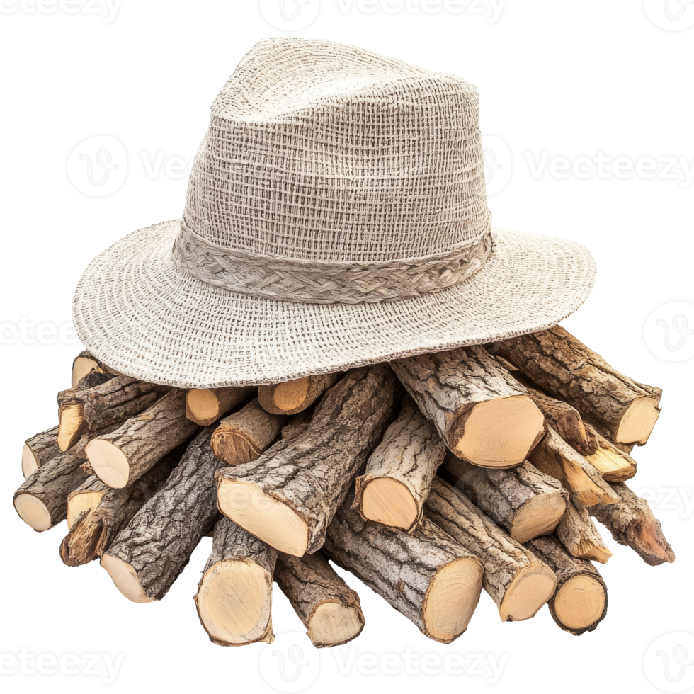 A rustic woodpile is topped with a light straw hat png