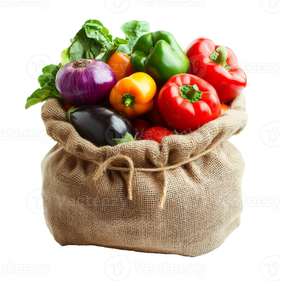 Veggies in burlap sack, ready to cook png