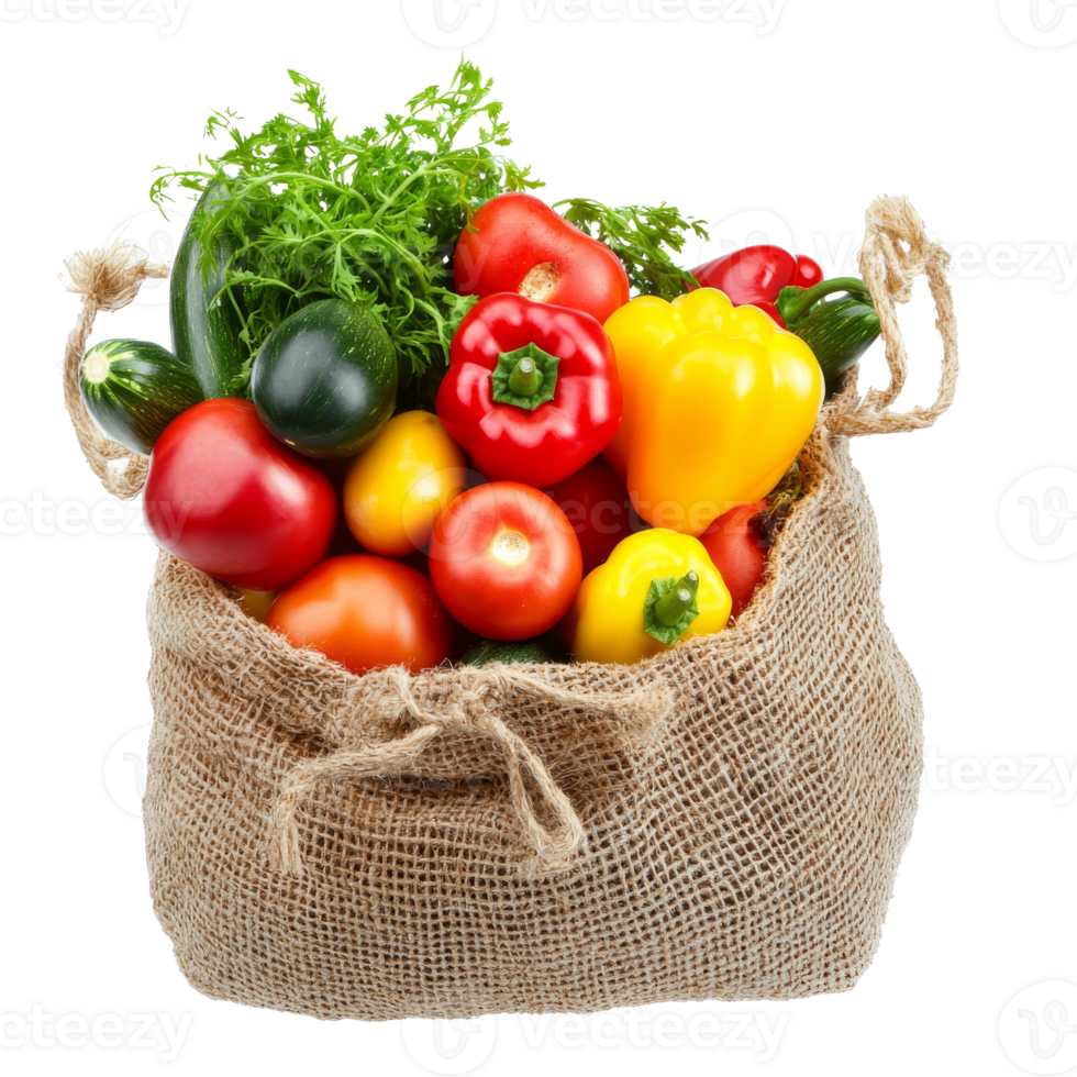 Fresh vegetables gathered in a jute bag for market png