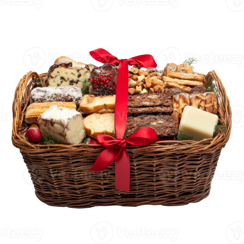 Delicious gift basket filled with assorted treats png