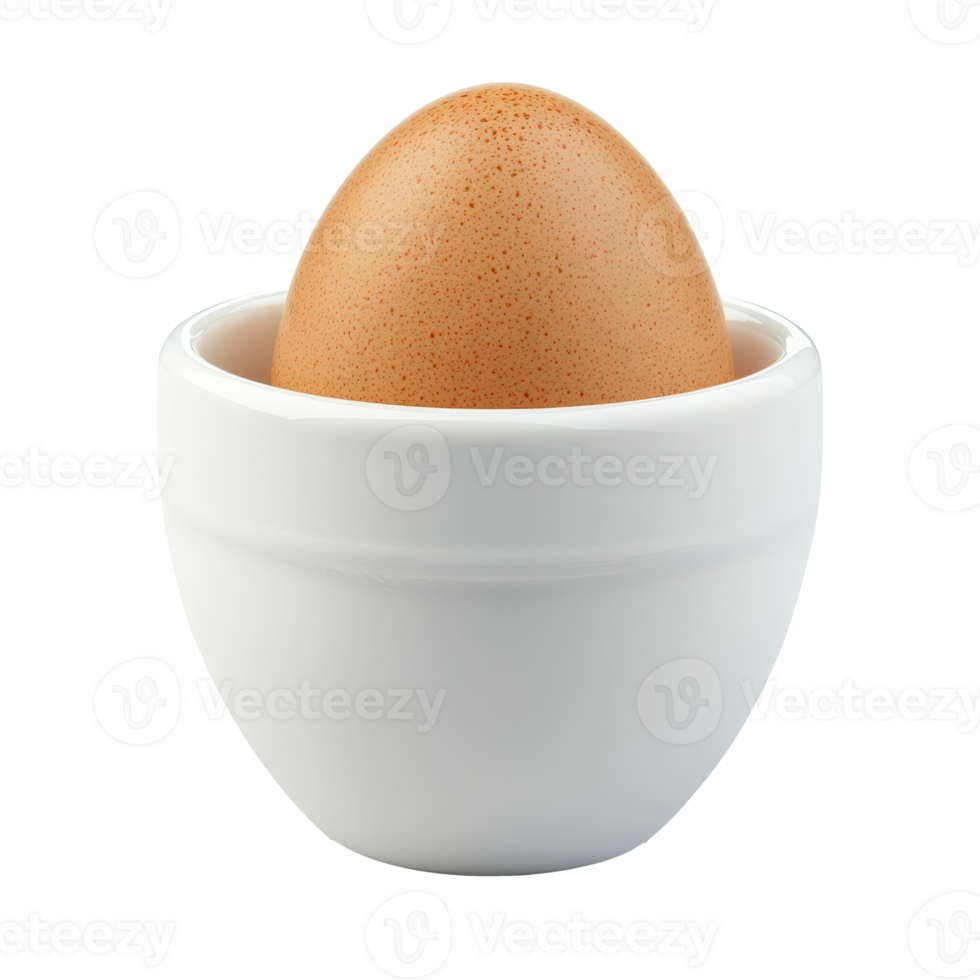 Brown egg resting in a white cup on display png