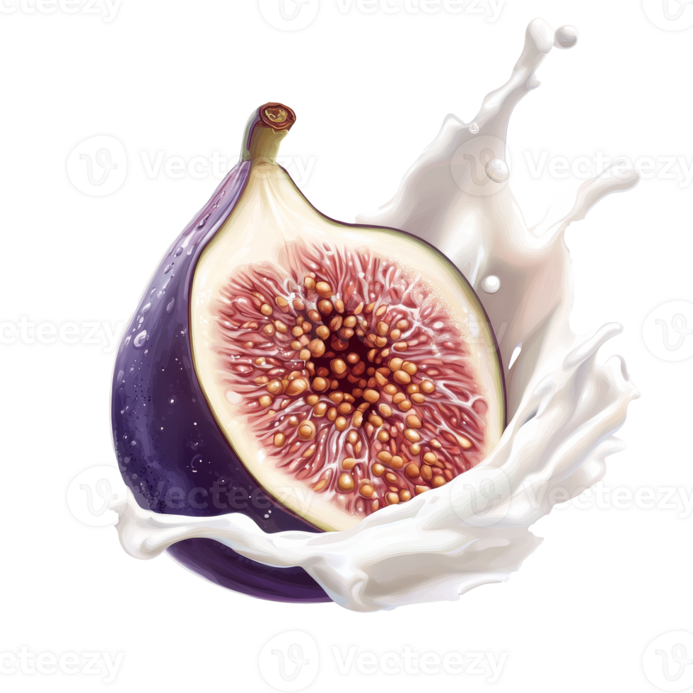 Freshly sliced fig with milk splash effect png