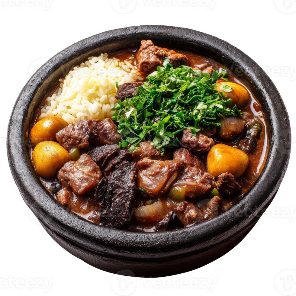 Delicious beef stew served with rice and greens png