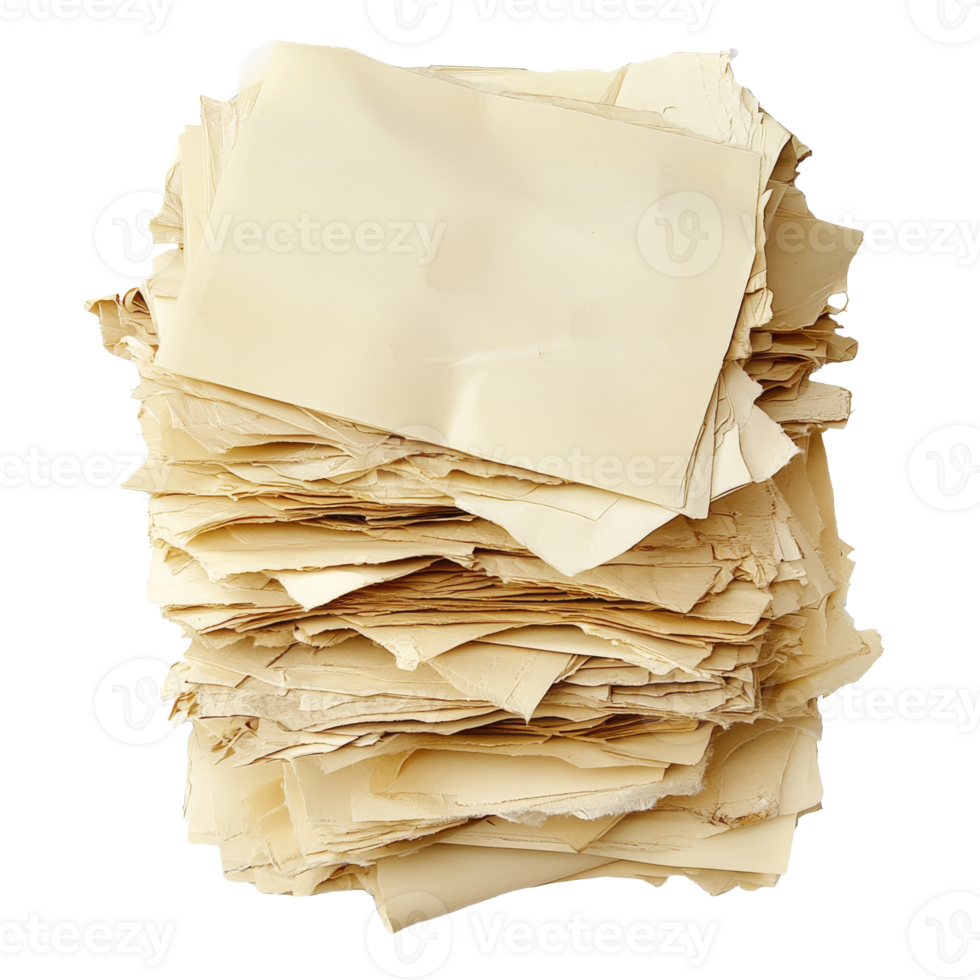 Stacked pile of crumpled beige paper sheets png
