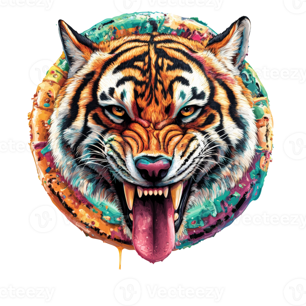 Fierce tiger head with colorful background design png