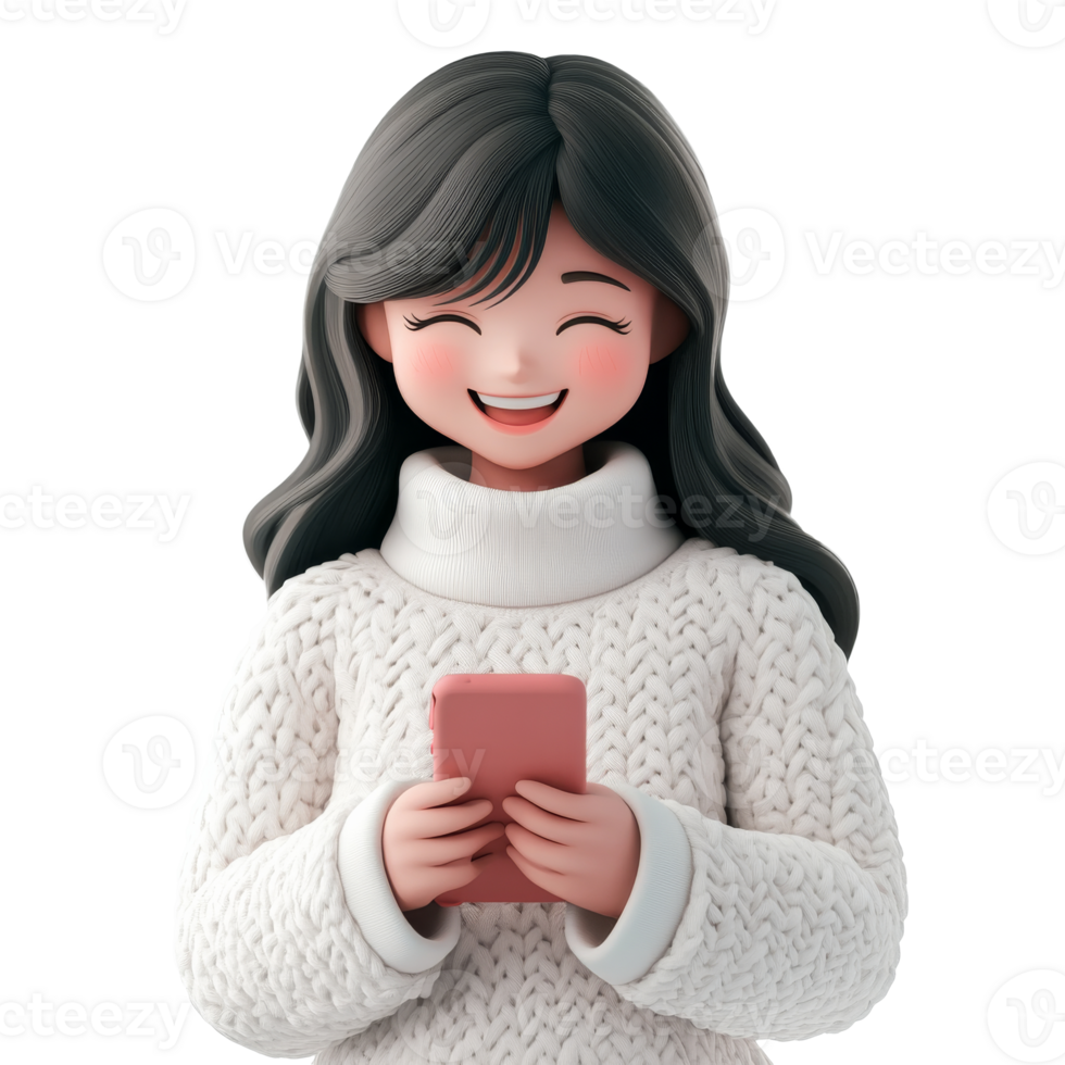 Smiling girl using phone in cozy sweater indoors png