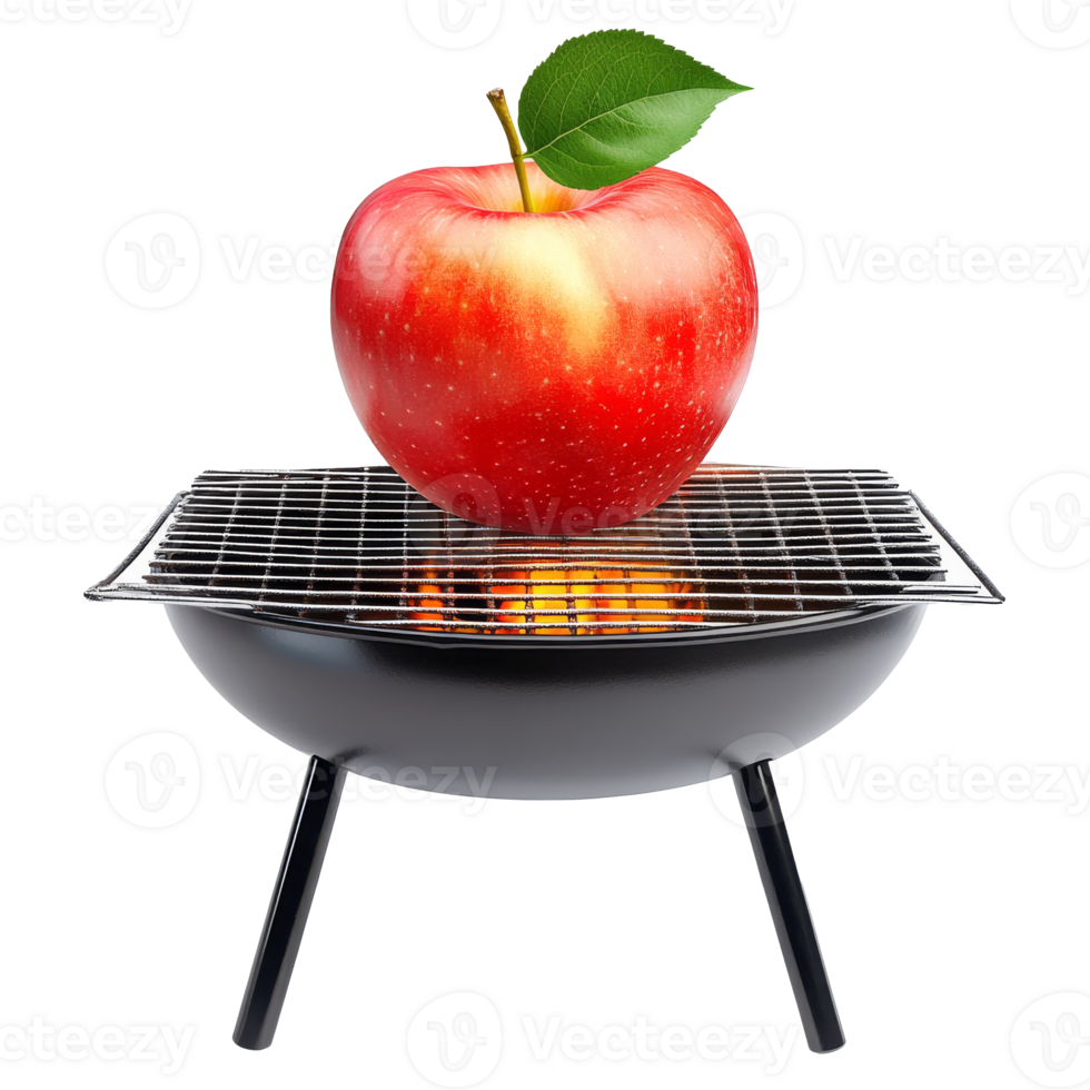 Grilled apple on a barbecue grill with flames png