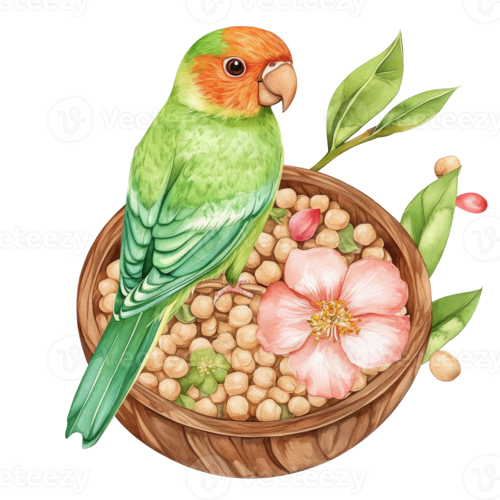 Colorful parrot perched near a flower in a bowl png