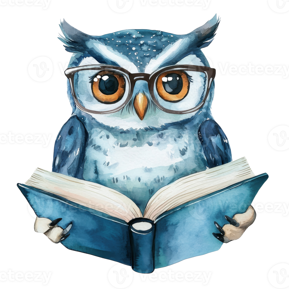 Owl with glasses reading a book in blue tones png