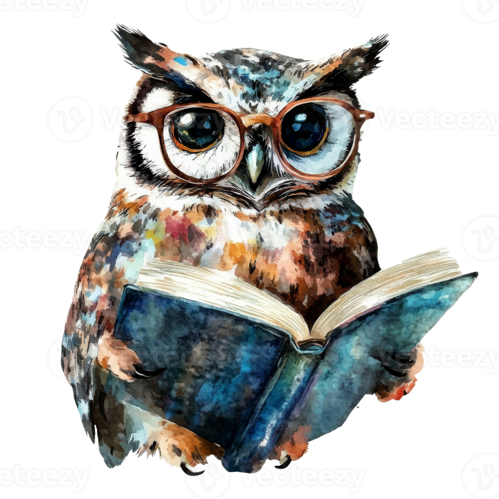 Owl reading a book while wearing glasses png