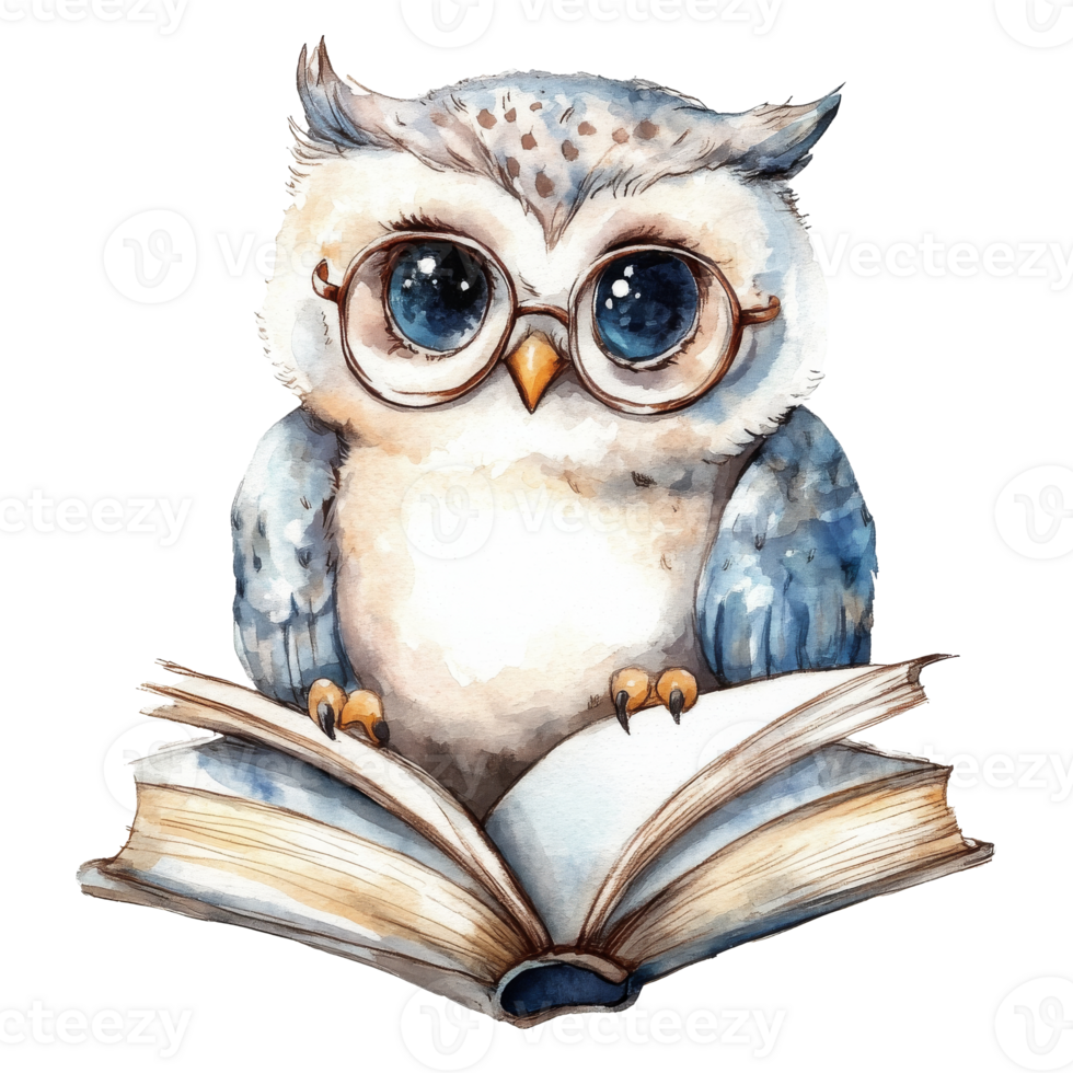 Owl wearing glasses reading a book with curiosity png