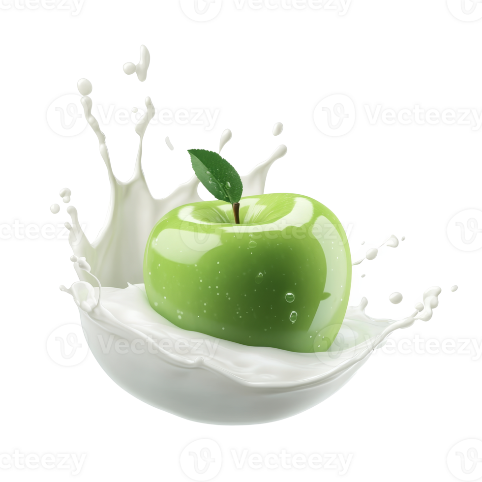 Fresh green apple in milk splash png