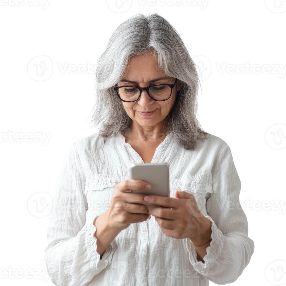 Elderly woman using smartphone in bright setting png