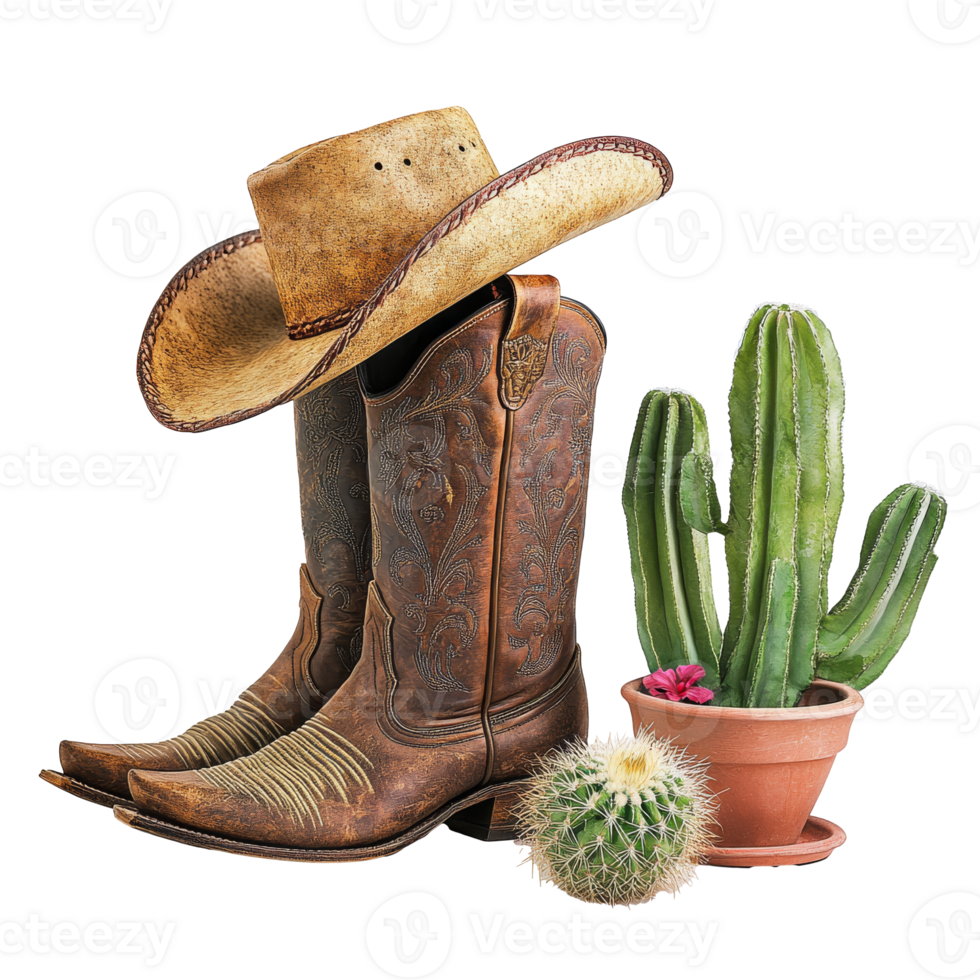 Western boots and hat beside a cacti plant png