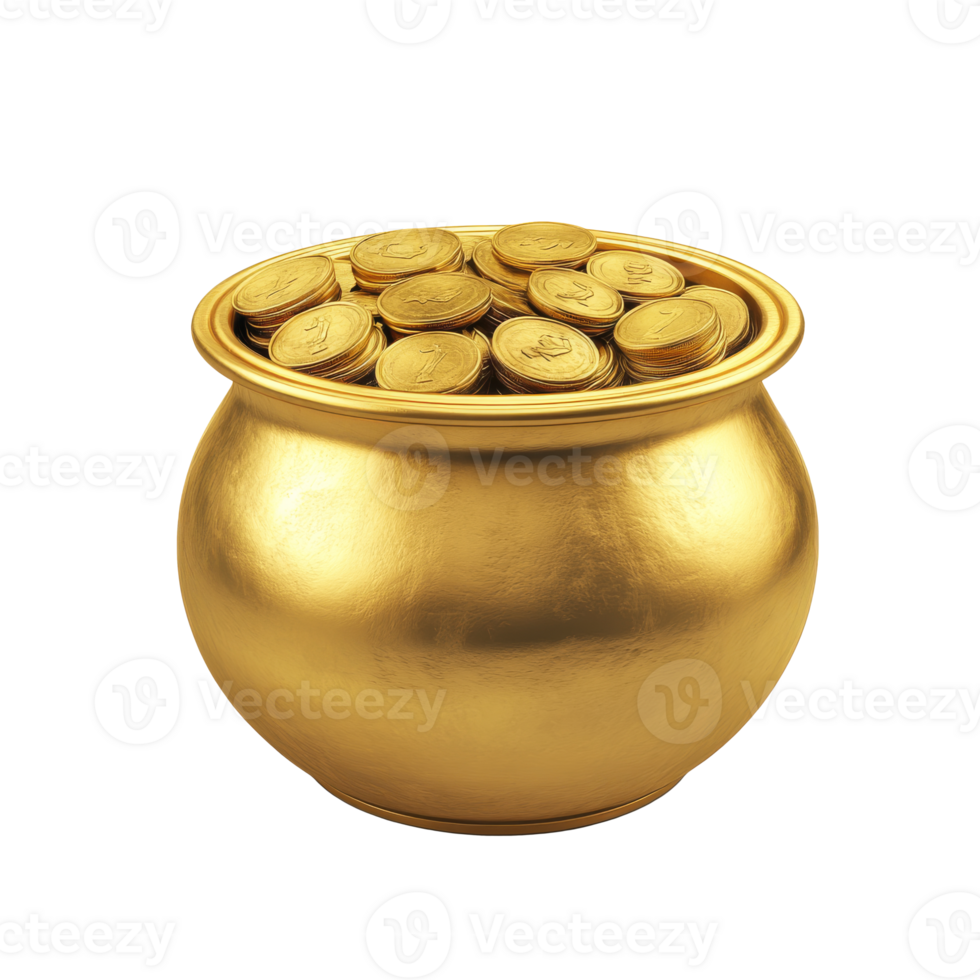 Treasure pot filled with golden coins on display png