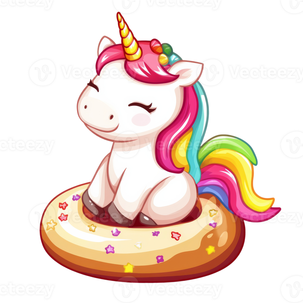 Cute unicorn sitting on a colorful donut png