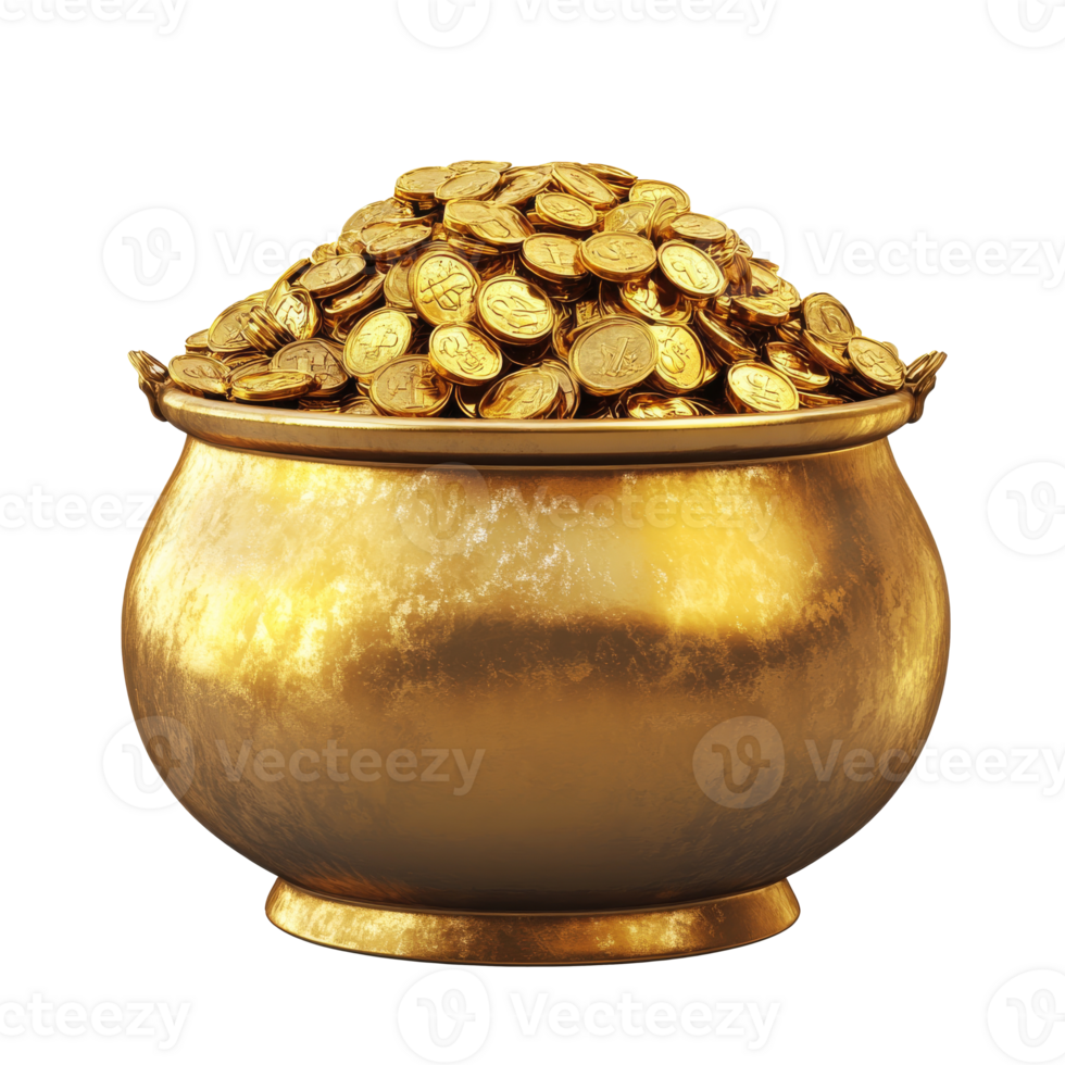 Golden pot filled with coins sitting on a surface png