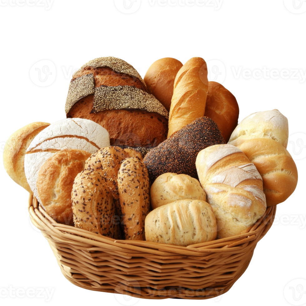 Freshly baked bread assortment in a basket png