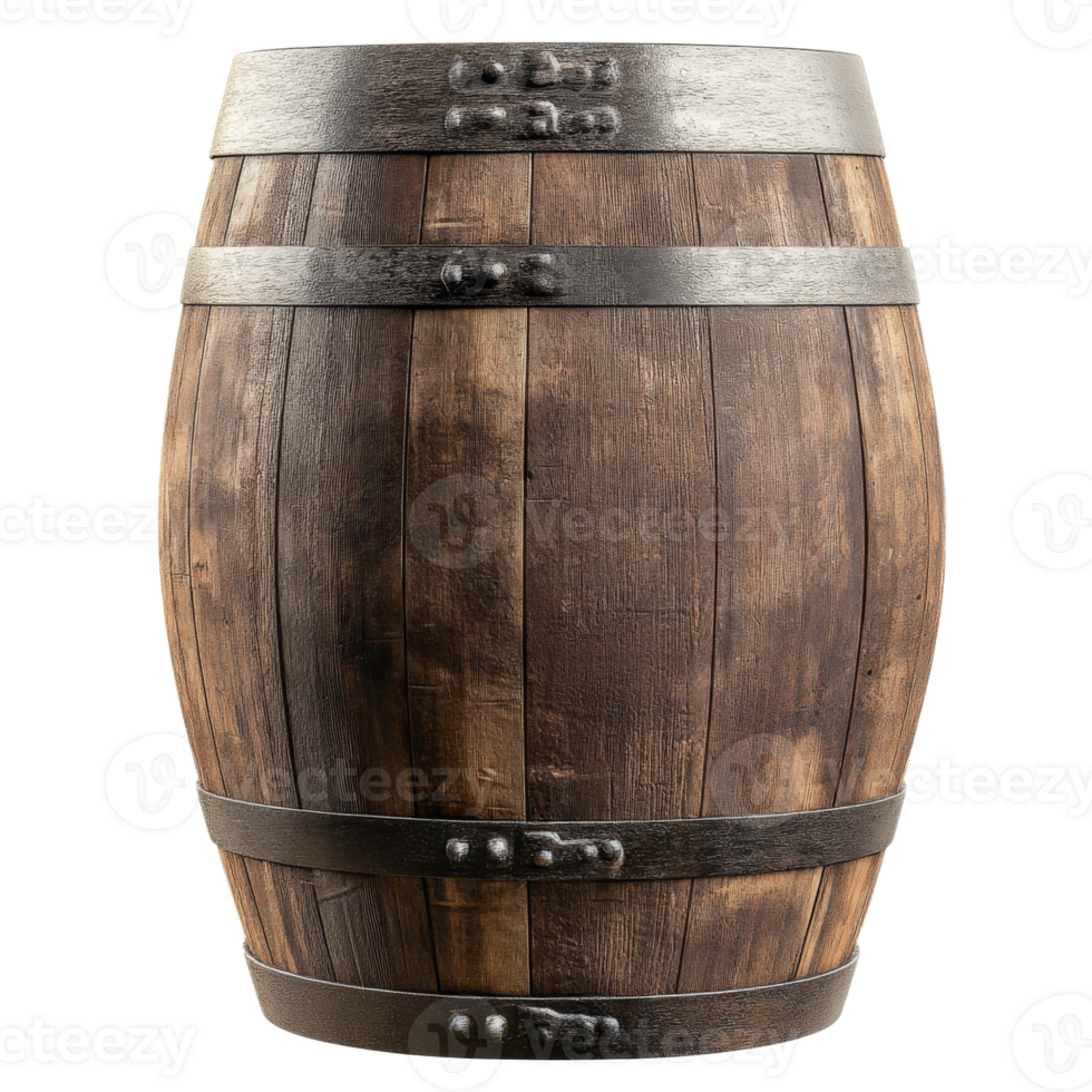 Rustic wooden barrel with metal bands on display png