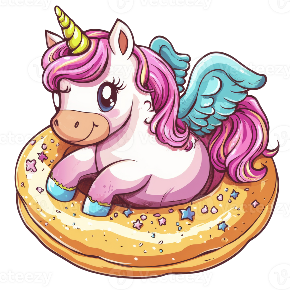 Cute unicorn with wings sitting in a donut png