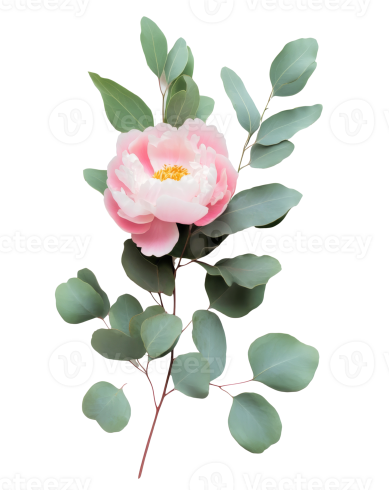Pink peony with green leaves png