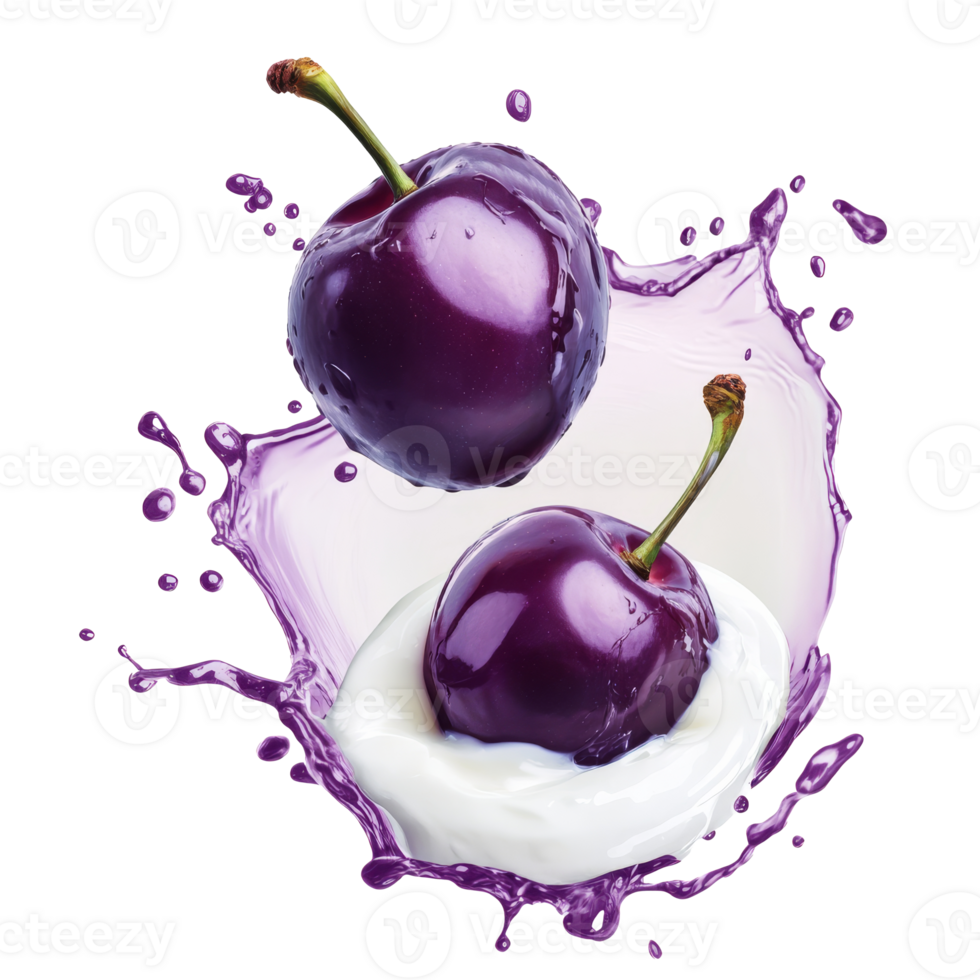 Fresh plums splashed in creamy yogurt pool png