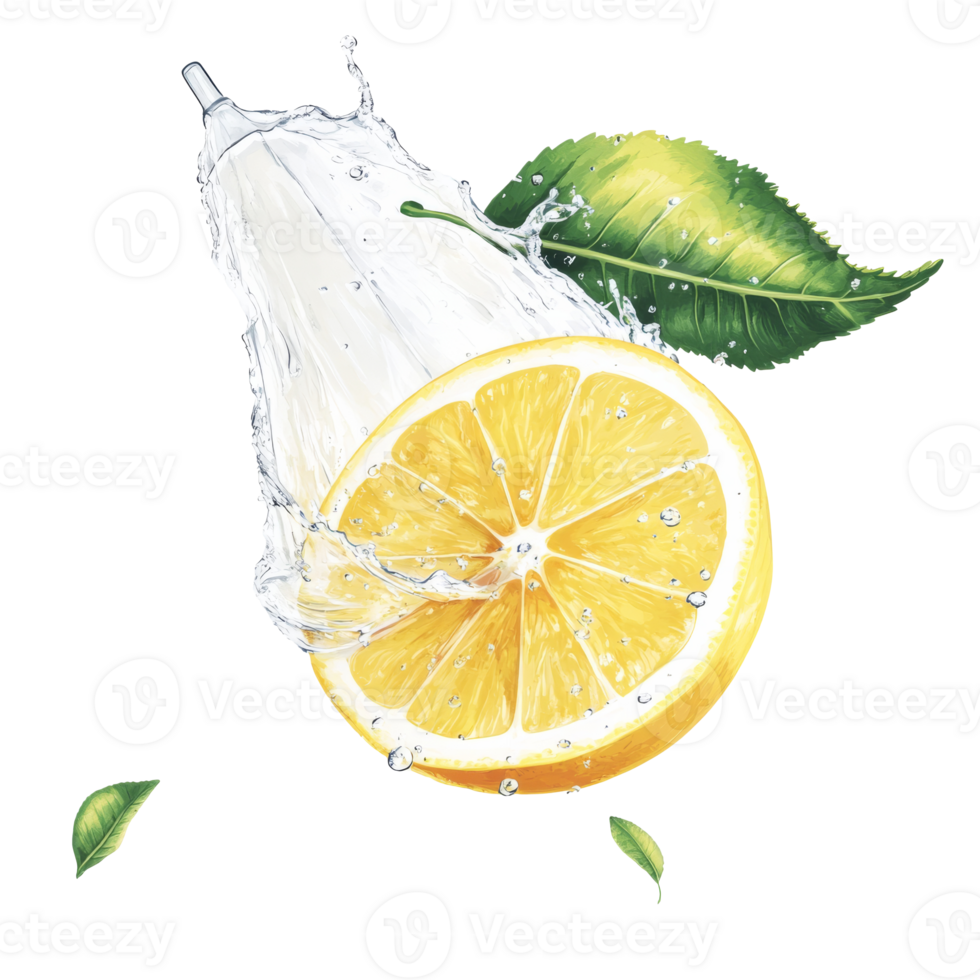 Lemon splashing into water with fresh leaves png
