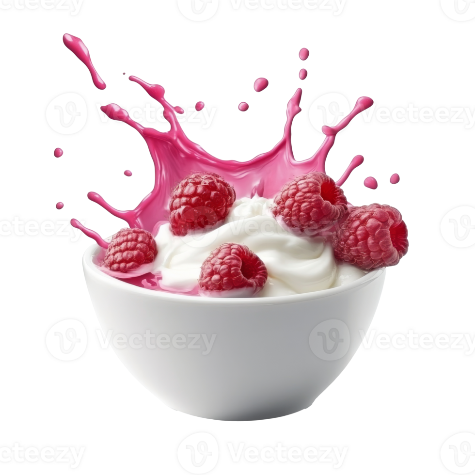 Raspberry yogurt splash in white bowl with cream png
