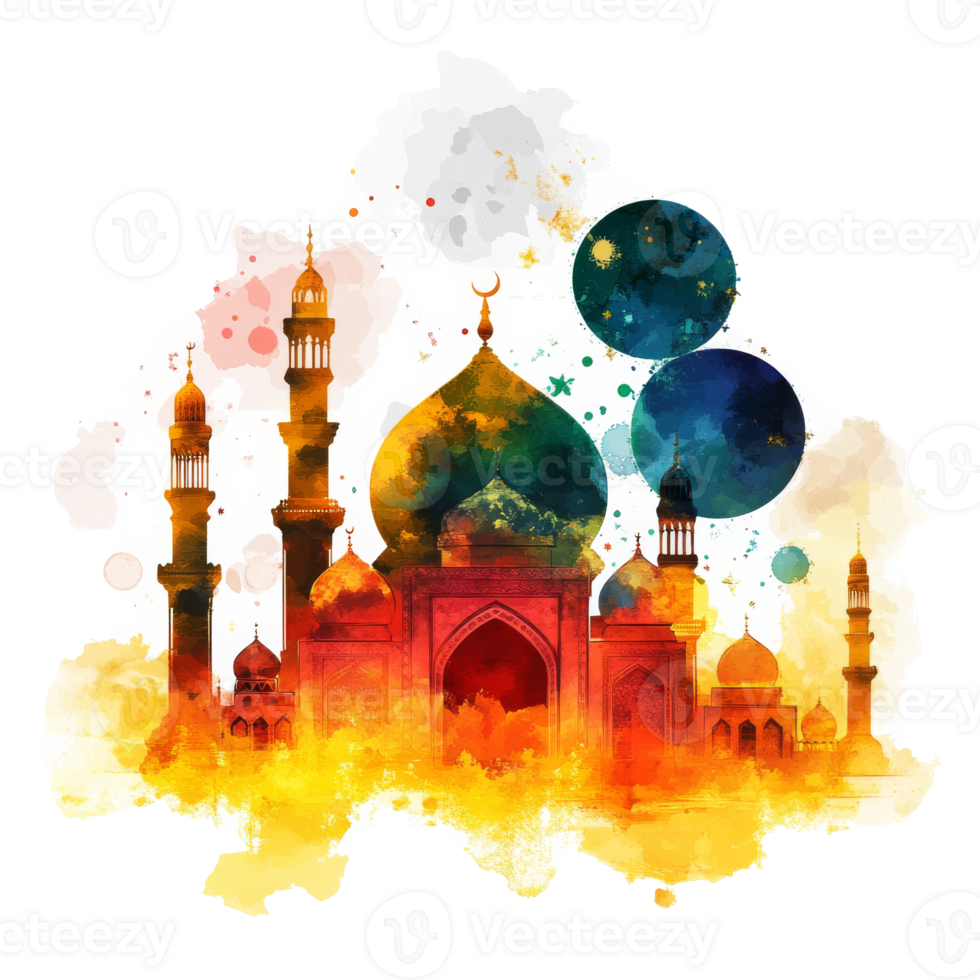 Colorful mosque silhouette with artistic flair png