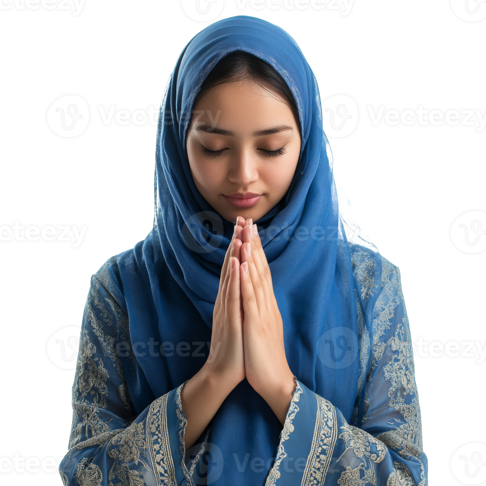 Young woman in blue praying with hands clasped png