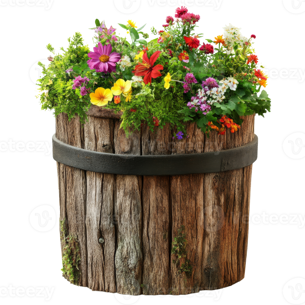Colorful flowers in rustic planter png