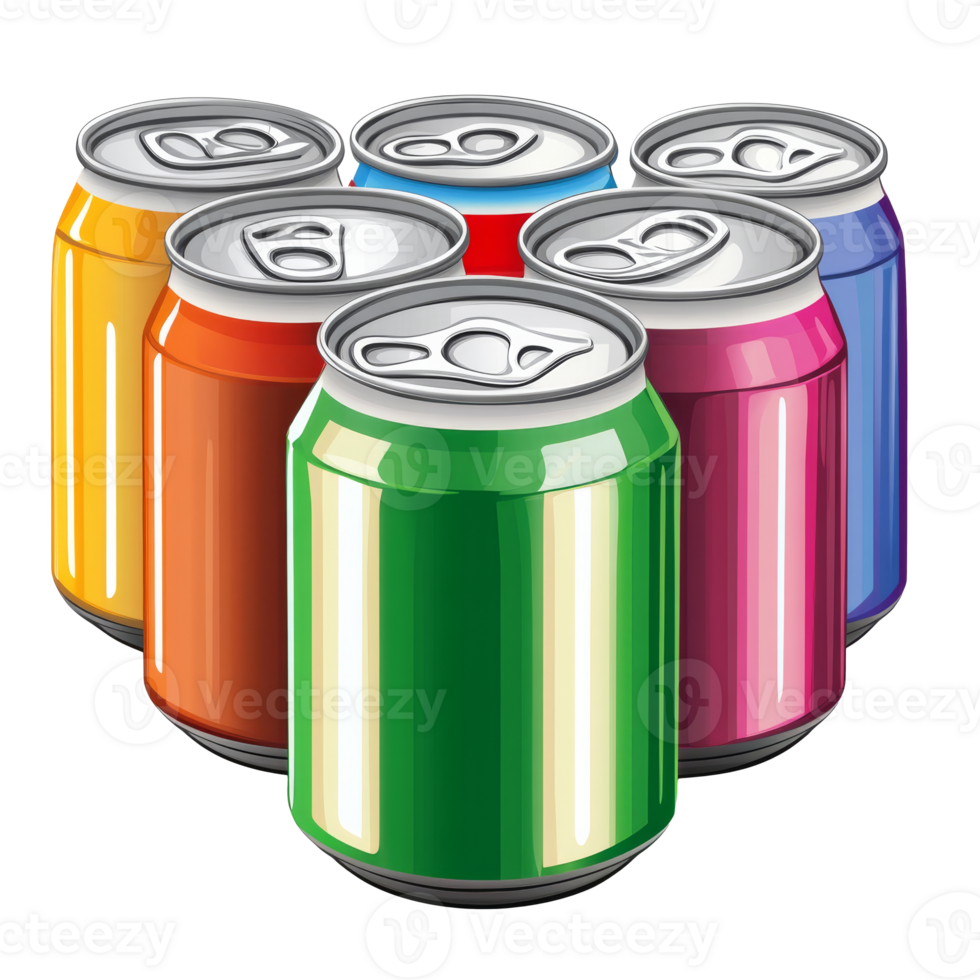 Colorful collection of soda cans on display png