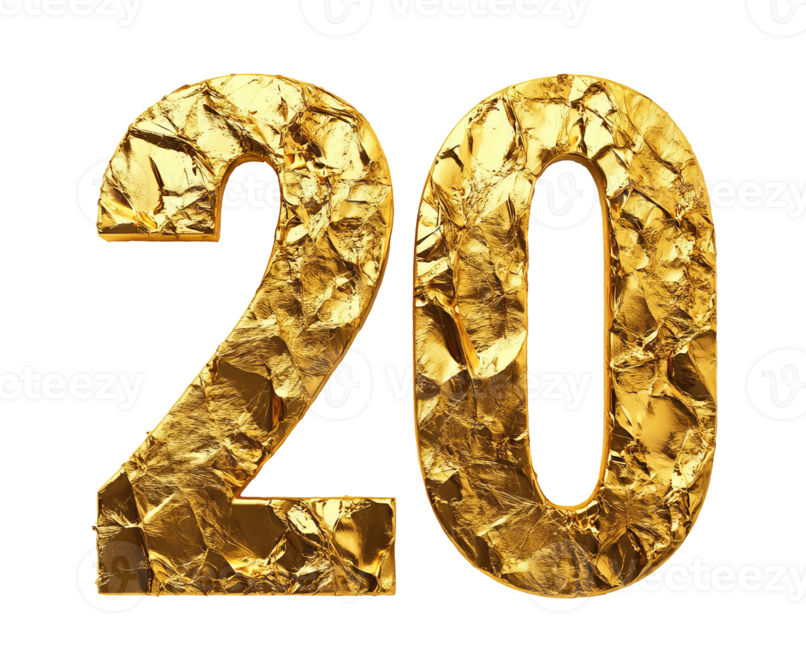 Golden foil number twenty for celebrations png