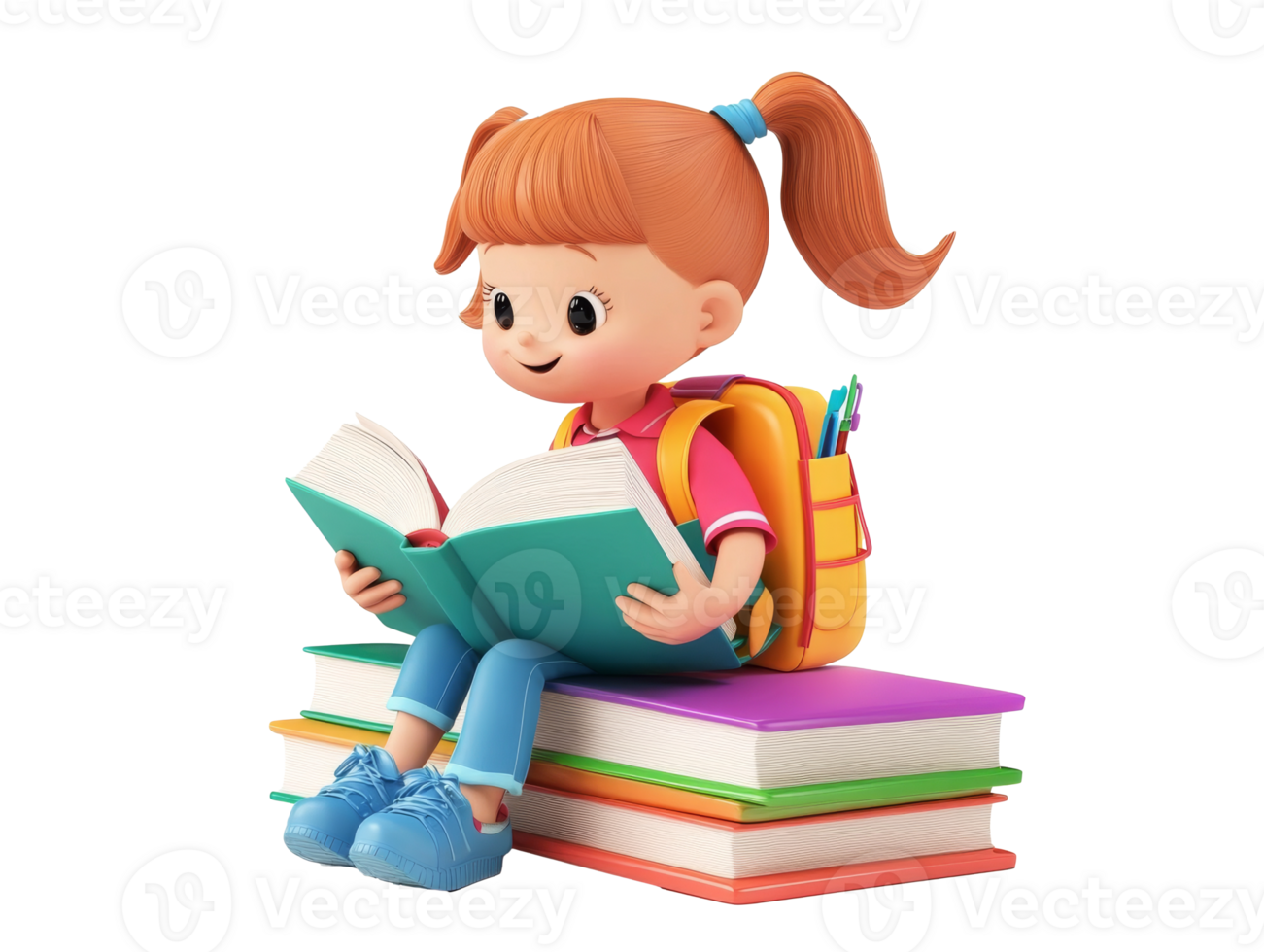 Young girl enjoys reading books on colorful stack png
