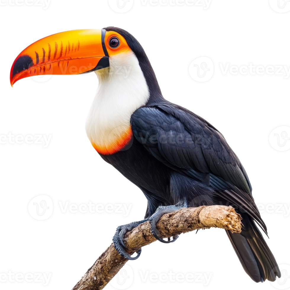 Brightly colored toucan perched on a branch png