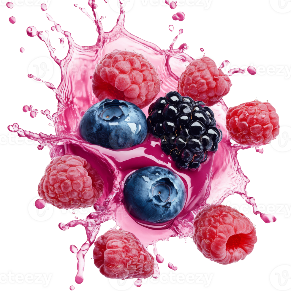 Fresh berries create a splash in vibrant juice png