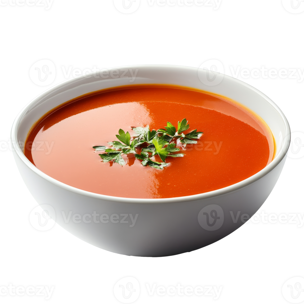 Smooth and rich tomato soup garnished with herbs png