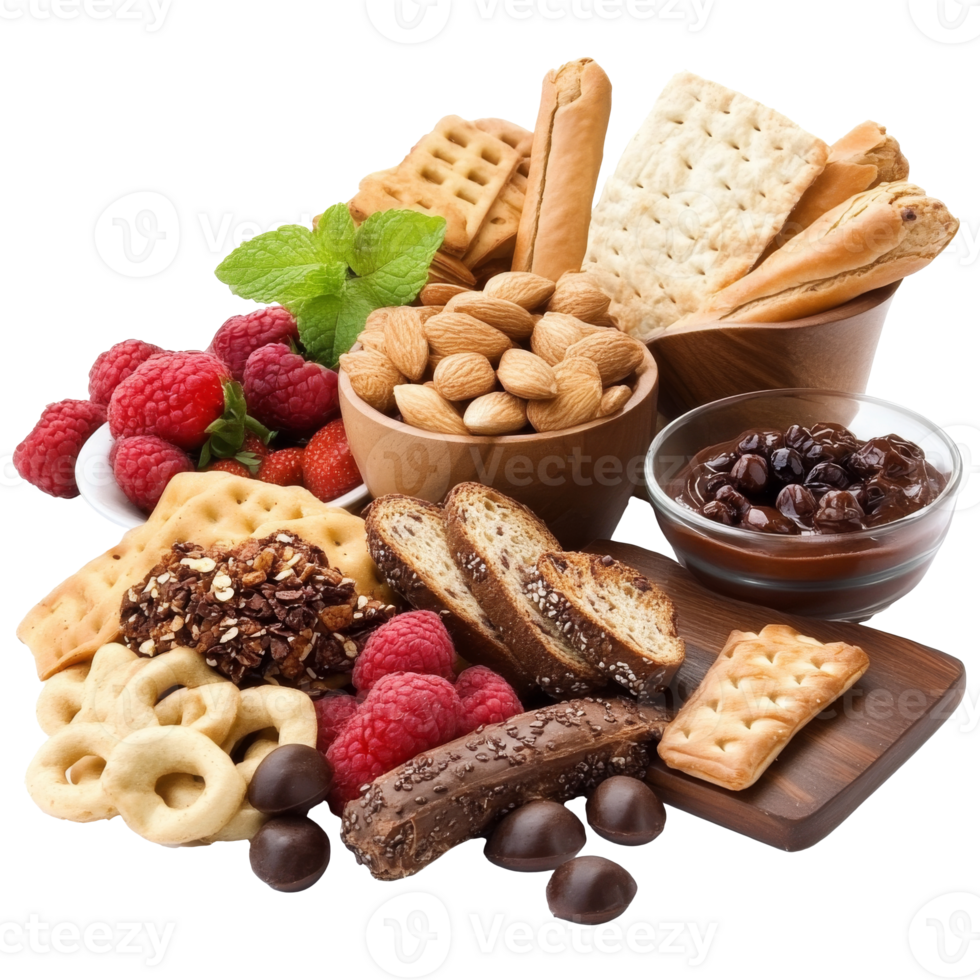 Assorted snacks and treats on a wooden table png