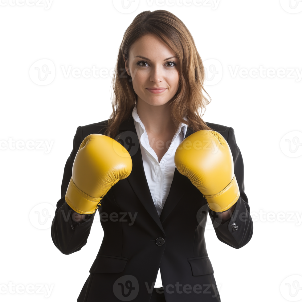 Businesswoman in boxing gloves exudes confidence png